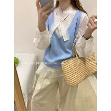 批发韩系针织马甲蕾丝交叉花边领<b class='q'>衬衫</b>时尚两件套女2025春季新款设计感