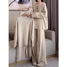 批发御姐慵懒风燕麦色女装毛衣针织衫秋冬季<b class='q'>套装</b>阔腿休闲裤减龄两件套