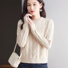 批发秋冬长袖圆领麻花洋气女士针织高腰<b class='q'>打底衫</b>小个子内搭宽松上衣