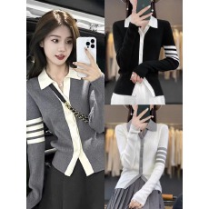 批发POLO领灰色羊毛针织<b class='q'>开衫</b>女春秋冬新款翻领条纹薄款外套修身打底衫