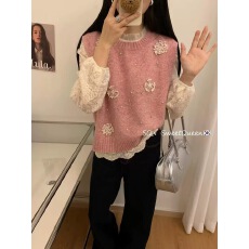 批发2025春季新款蕾丝长袖配针织花朵<b class='q'>马甲</b>气质甜美减龄两件套女韩版