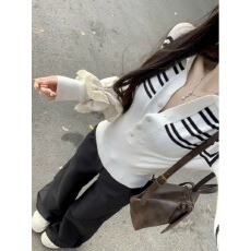 批发撞色条纹针织长袖<b class='q'>打底衫</b>内搭女2025秋季新款半开领长袖高级感上衣
