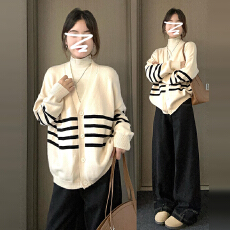 批发慵懒风高级感条纹毛衣针织<b class='q'>开衫外套</b>女秋冬季2024新款早秋chic上衣