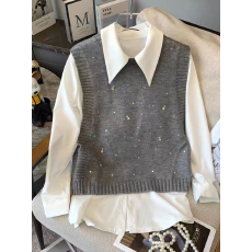 批发针织<b class='q'>马甲</b>女早秋季新款坎肩外套时尚洋气上衣百搭减龄镶钻圆领背心