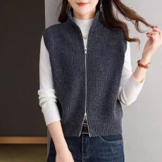 批发现货 立领针织马甲女秋冬2025新款双拉链翻领背心毛衣开衫外套潮