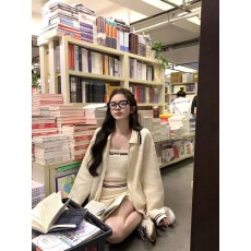 批发早秋新款撞色边套装针织<b class='q'>开衫外套</b>吊带减龄半裙三件套