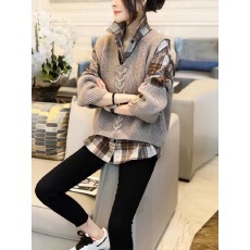 批发针织V领马甲格子<b class='q'>衬衫</b>套装女洋气上衣两件套秋冬2025年新款欧洲站