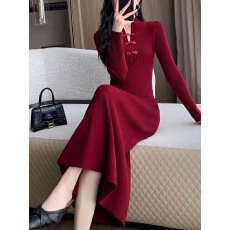 批发中式复古旗袍式打底毛衣裙大码女神范气质修身鱼尾针织<b class='q'>连衣裙</b>