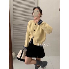 批发设计感<b class='q'>衬衣</b>袖拼接圆领单排扣毛衣外套女秋冬新款宽松小众针织开衫