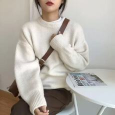 批发现 温柔浣熊绒圆领毛衣<b class='q'>女</b>宽松外穿秋冬慵懒风套头软糯打底针织衫