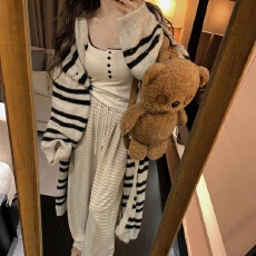 批发韩系条纹中长款<b class='q'>毛衣</b>开衫外套女2025秋冬季慵懒风小众别致针织上衣