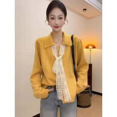 批发韩系氛围感秋上衣女新款法式独特黄色小香风蕾丝系带针织衫