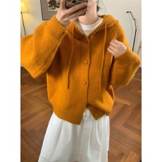 批发现 毛衣<b class='q'>女</b>款2025新款秋冬连帽上衣韩系百搭宽松软糯纯色开衫<b class='q'>外套</b>