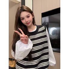 批发胖mm韩系条纹无袖针织<b class='q'>马甲</b>女秋季显瘦叠穿圆领背心坎肩上衣潮