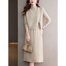 批发高级感针织套裙钉珠开叉<b class='q'>马甲</b>搭配打底毛衣裙优雅两件套