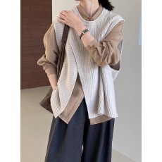 批发日系复古黑色无袖坎肩针织<b class='q'>马甲</b>女春秋叠穿不规则开叉短款背心上衣