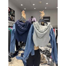 批发针织拼接牛仔短外套女新款气质绑带上衣复古时尚拉链<b class='q'>衬衫</b>款