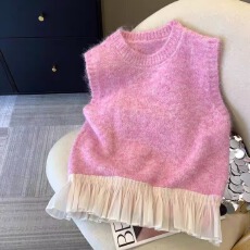 批发法式下摆荷叶边针织<b class='q'>马甲</b>女软糯羊绒毛衣背心别致坎肩毛衣