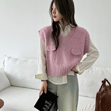 批发韩版宽松时尚百搭针织<b class='q'>马甲</b>女秋冬港味慵懒风宽松叠穿v领毛衣背心