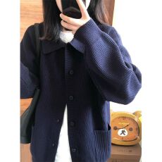 批发毛衣<b class='q'>开衫外套</b>女秋冬慵懒风春秋外穿日系复古藏青polo领针织衫上衣