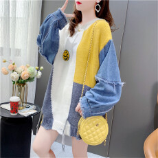 批发设计感牛仔袖拼接<b class='q'>毛衣</b>女秋冬2025新款韩版宽松拼色流苏针织衫外穿