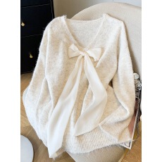 批发灰色V领系带蝴蝶结<b class='q'>毛衣</b>女秋冬2025新款慵懒风宽松套头针织衫上衣