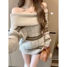 批发美式咖色<b class='q'>毛衣</b>针织衫女秋冬季加厚慵懒风美拉德一字露肩上衣中长款