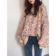 批发现 圆领豹纹<b class='q'>毛衣</b>百搭秋冬新款洋气网红款潮流宽松慵懒针织衫上衣