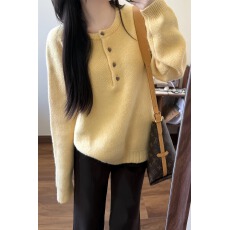 批发复古奶黄色圆领套头<b class='q'>毛衣</b>女2025初冬慵懒宽松休闲长袖上衣