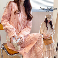 批发现 毛衣裙中长款蕾丝下摆女士秋冬宽松超仙连衣裙时尚麻花打底裙