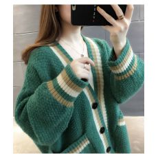 批发现 多色V领撞色条纹针织开衫女宽松中长款大口袋复古毛衣<b class='q'>外套</b>