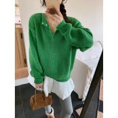 批发韩系慵懒风软糯V领彩扣针织衫上衣女2025秋冬新款设计感小众毛衣