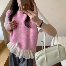 批发韩系时尚圆领纯色拼接下摆荷叶花边显瘦无袖背心针织衫<b class='q'>马甲</b>毛衣女