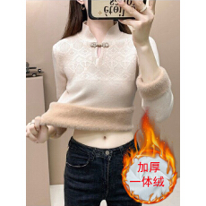 批发冬季加绒毛衣女洋气针织<b class='q'>打底衫</b>半高领盘扣加厚保暖内搭一体绒上衣