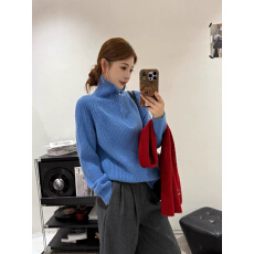 批发慵懒风坑条半拉链套头针织衫女秋冬新款高级感宽松显瘦保暖<b class='q'>打底衫</b>