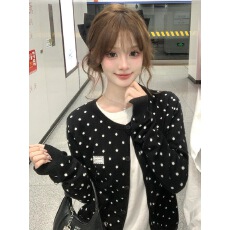 批发黑色波点假两件<b class='q'>针织</b><b class='q'>开衫</b>女秋季早秋外搭韩系毛衣外套上衣