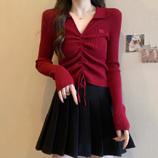 批发安可拉红V领针织衫女秋冬新款修身翻领内搭不规则抽绳<b class='q'>打底衫</b>上衣