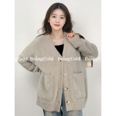 批发秋冬白色仿水貂绒V领<b class='q'>开衫</b>毛衣女韩版宽松加厚慵懒风软糯<b class='q'>针织</b>外套