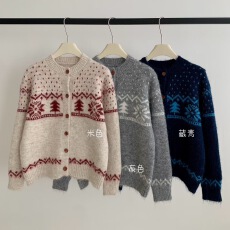 批发韩系复古圣诞小树氛围感洋气毛衣<b class='q'>开衫</b>女冬季新款软糯舒适宽松外套