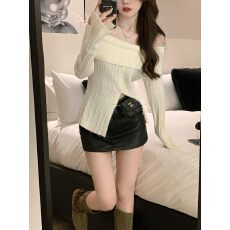 批发Miss AB慵懒一字肩毛衣女秋冬新款高级感温柔设计感长袖<b class='q'>针织</b>上衣