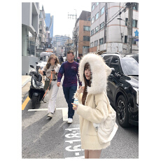 批发Suuuicee 奶芙塔塔 纯欲大毛领连帽宽松毛衣外套软糯加厚<b class='q'>针织</b>上衣