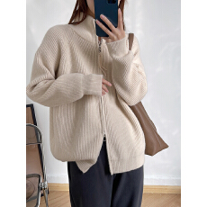 批发高领双拉链高级感毛衣女加厚冬季新款宽松坑条<b class='q'>针织</b>衫设计感外套潮