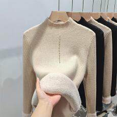 批发2025秋冬新款加绒加厚毛衣女一体绒长袖内搭<b class='q'>打底衫</b>半高领钉珠上衣