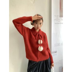 批发甜美毛球娃娃领针织衫毛衣女2025冬季新款小个子宽松上衣