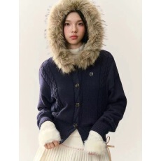 批发毛领连帽麻花加厚毛衣外套女