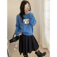 批发韩系软糯卡通猫咪圆领套头毛衣女2025新款秋冬季宽松外穿针织上衣