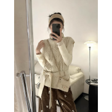 批发韩系麻花系带马甲女秋冬新款修身显瘦针织毛衣背心女套头高领上衣