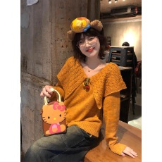 批发韩系橘色大翻领软糯套头毛衣女秋冬外穿加厚奶fufu宽松针织衫上衣