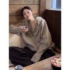 批发法式V领套头蝙蝠袖大毛领毛衣女秋冬季加厚宽松慵懒风针织衫上衣