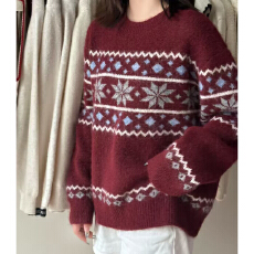 批发费尔岛2025秋冬新款韩版宽松百搭圆领针织衫女休闲雪花套头<b class='q'>毛衣</b>潮